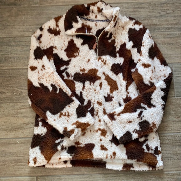 None Tops - Cow Print Sherpa Half Zip Pullover
